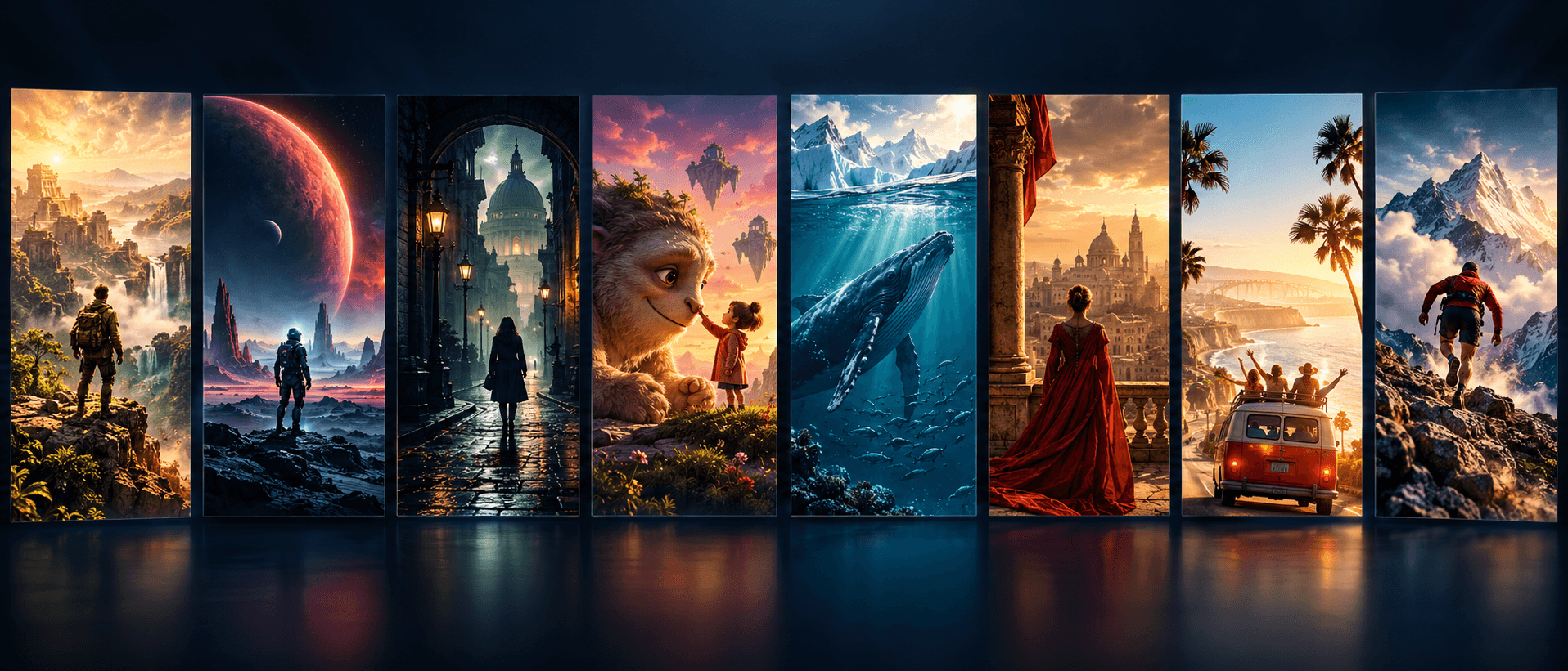Filmische Motive für Abenteuer, Science-Fiction, Mystery, Familie, Natur, Geschichte, Reise und Sport